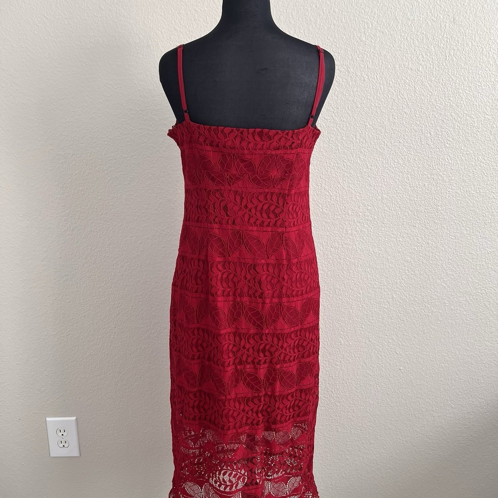 Medium Red Lace Midi Dress Bodycon Spaghetti Strap Cocktail Party Dress Romantic - Picture 6 of 11